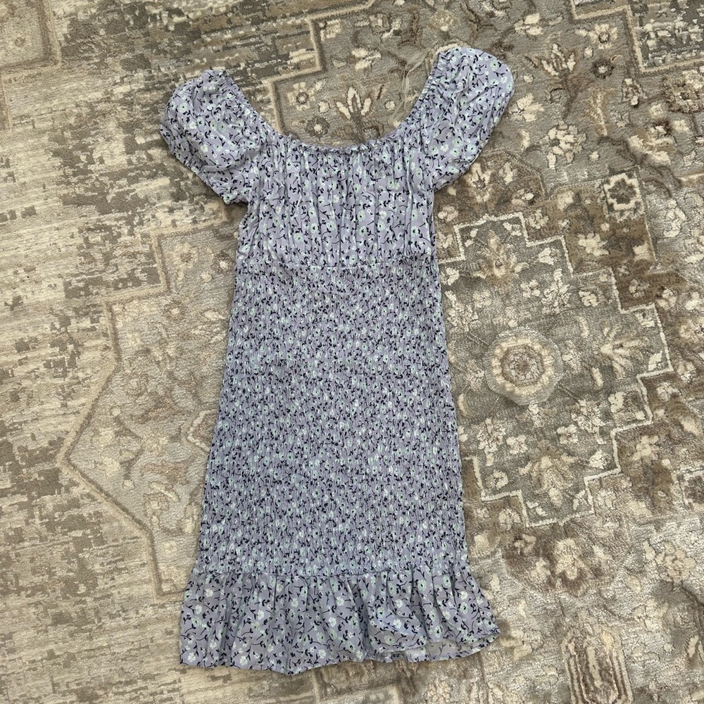 Purple and Blue Smocked Off-the-Shoulder Mini Dress